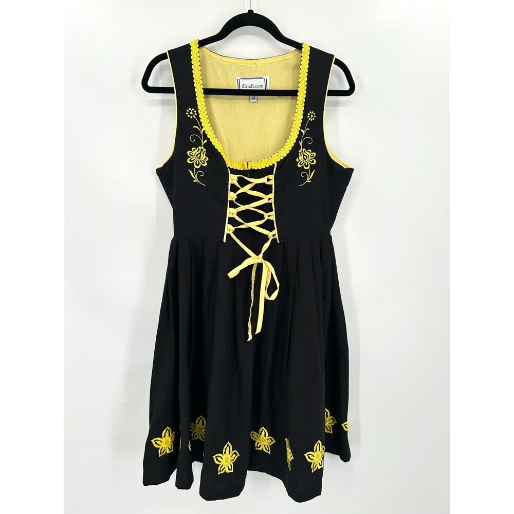 DIRNDL.COM Black Yellow German Floral Embroidered Lace Up Octoberfest Dress 38